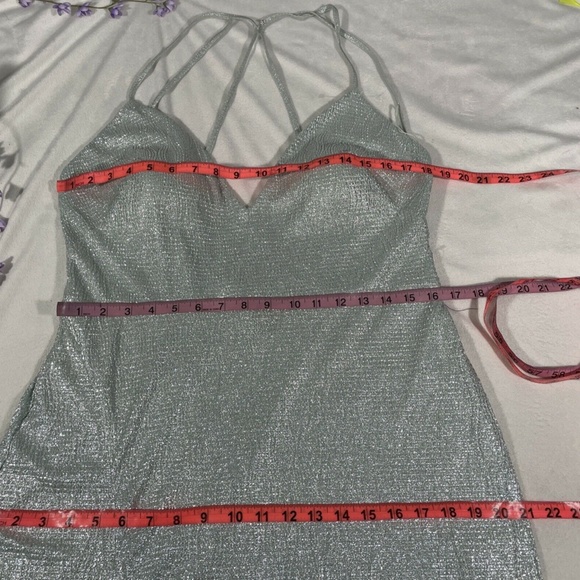 NWD Aidan by Aidan Mattox Metallic Textured Slit Gown in Celadon Silver - Picture 5 of 13